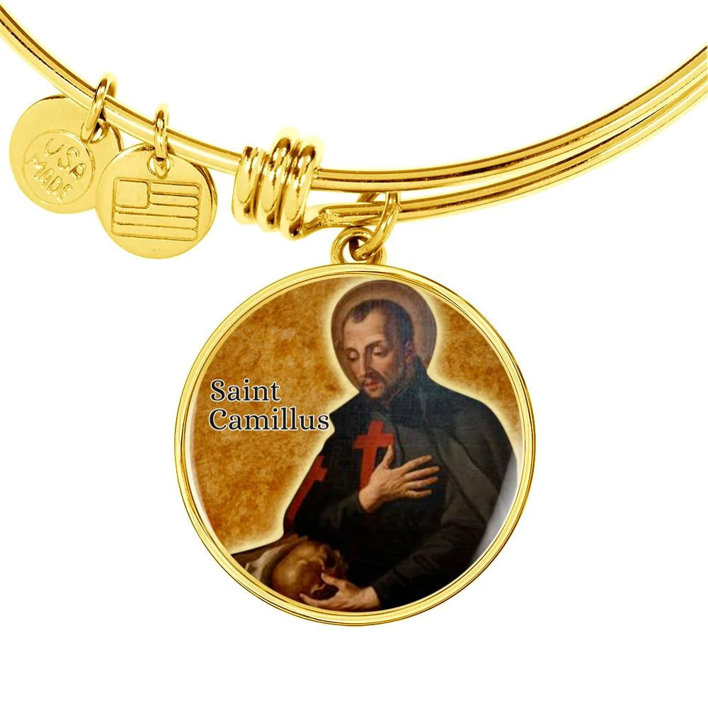 St. Camillus Catholic Saint Personalized Engraved Gold Circle Bangle Bracelet C